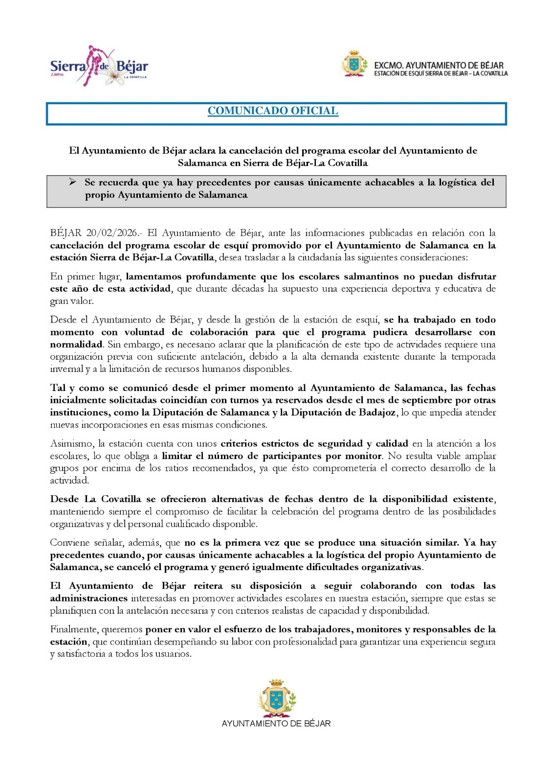 comunicado oficial covatilla