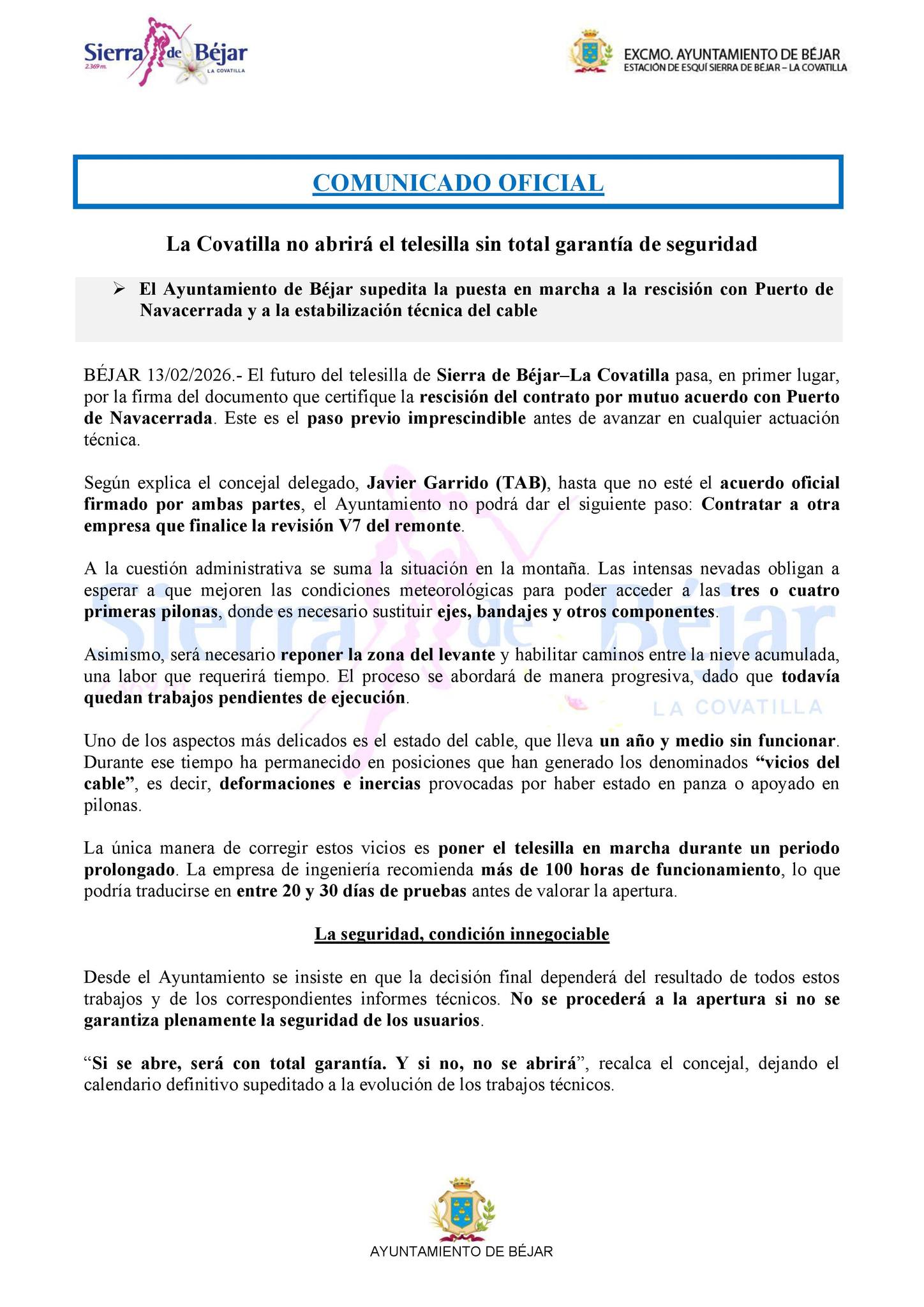 comunicado oficial la covatilla